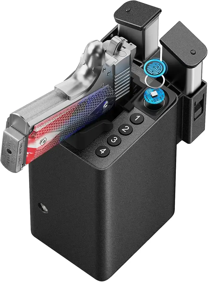 ONNAIS Biometric Pistol Gun Safe – Car and Bedside gun Safe for handgun with Fingerprint Trigger Lock for Quick Access, Fast Entry for Vehicle Console or Any Mountable Spot, Gifts for Men