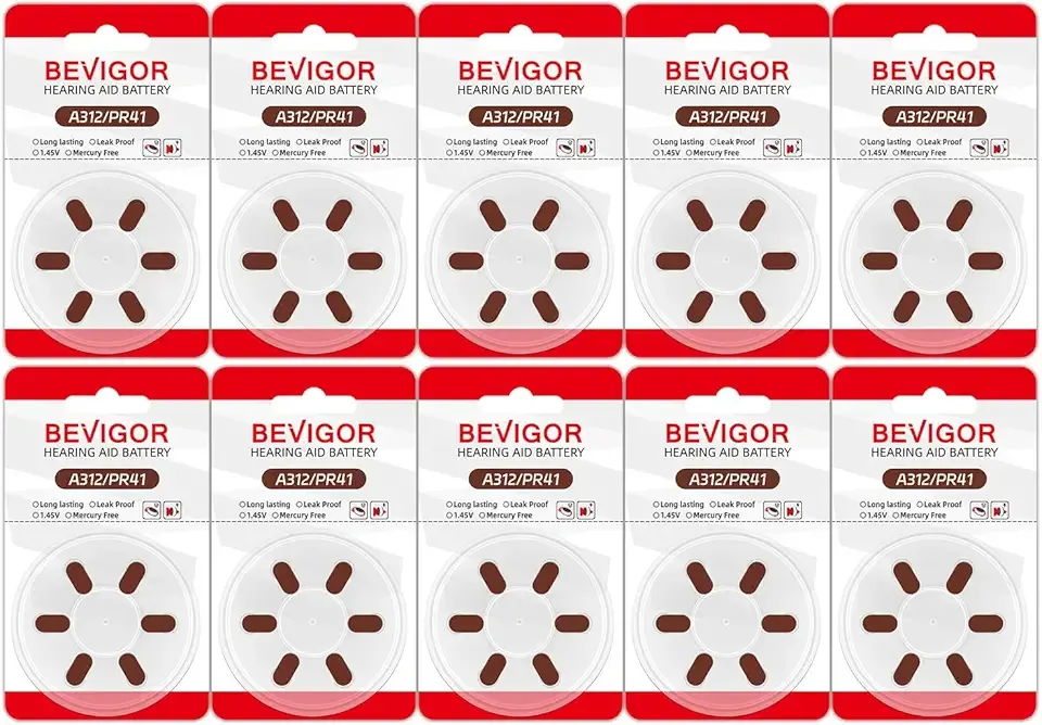 BEVIGOR Hearing Aid Batteries Size 312, Mercury Free (60 Count), Easy to Open and Carry, 1.4V, Long Lasting Batteries
