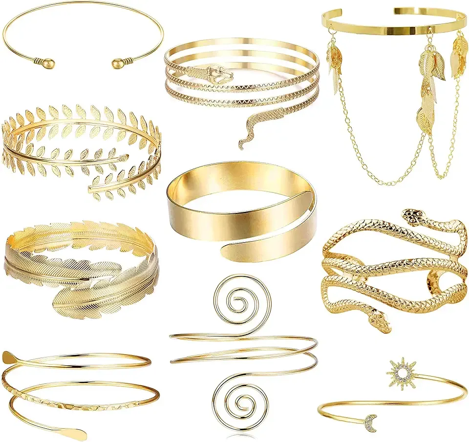EIELO 6-10Pcs Arm Cuff Bracelets for Women Upper Arm Bands Snake Feather Armband Greek Goddess Filigree Swirl Boho Armlet Cuff Bangle Adjustable Golden/Silvery Arm Bracelet Set