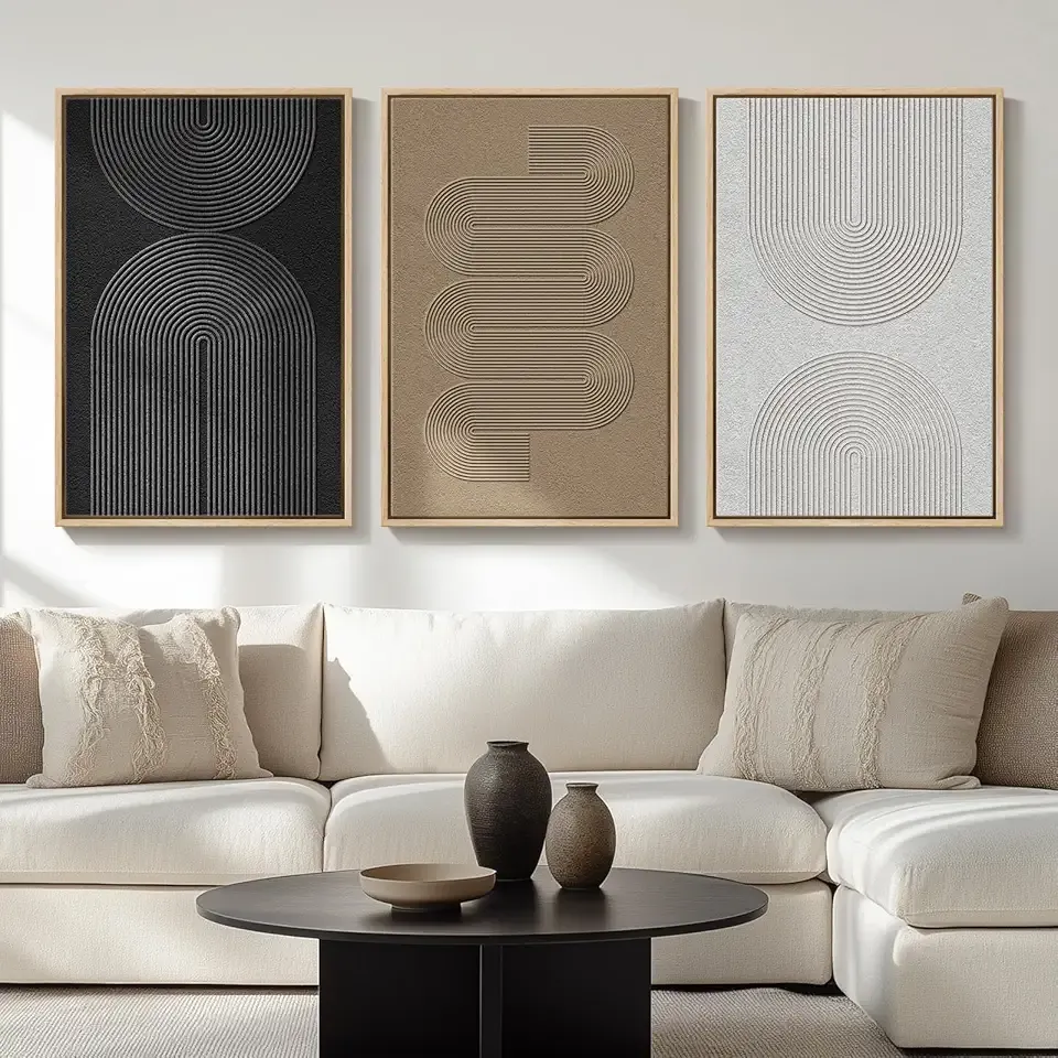 Large Framed Black and White Neutral Abstract Wall Art for Living Room, 3 Piece Boho Canvas Prints Paintings Artwork for Walls, Minimalist Geometric Pictures for Hallway Office Wall Decor 24x36 In