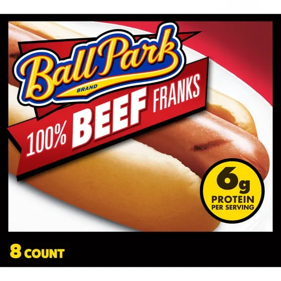 Ball Park 100% Beef Hot Dogs, 15 oz, 8 Count, 6g Protein per Serving (Refrigerated)