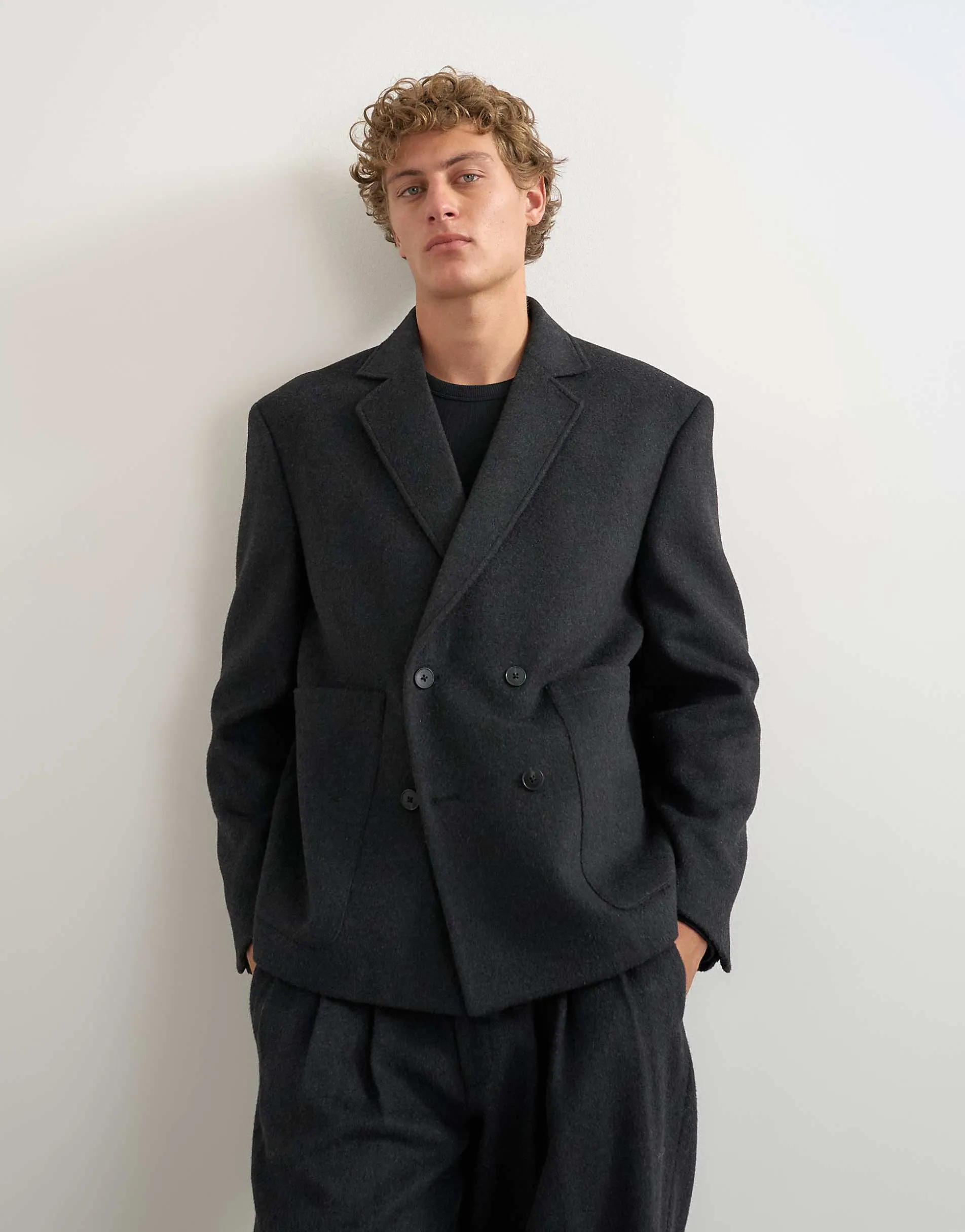 Topman boxy fit double breasted textured blazer in charcoal