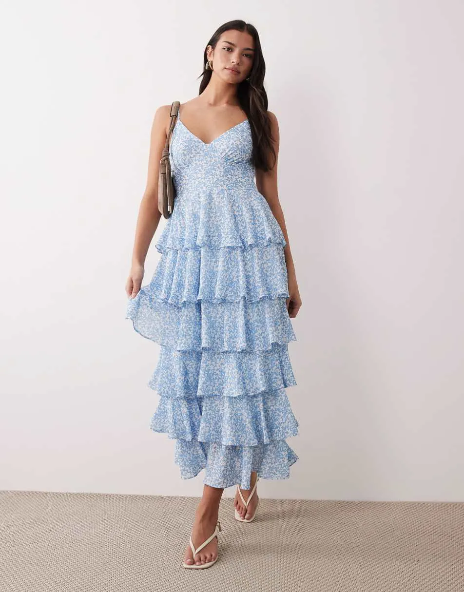 Pretty Lavish ruffle midi dress in blue abstract print