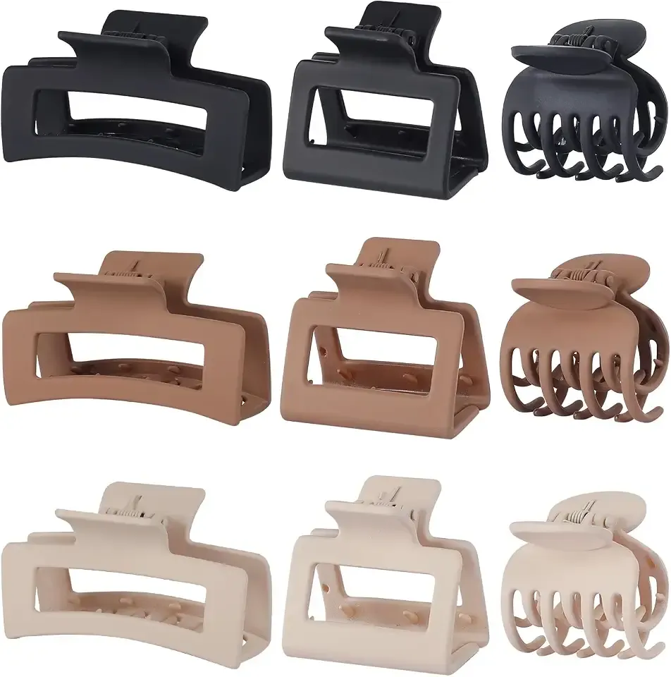 CHANDAT Medium Claw Hair Clips Set for Women - 3 Styles, 9 pcs Rectangle Clips for Thick Hair, Square Clips for Thin Hair - Brown | Rectangle Hair Clips for Thick Hair, Square Claw Clips for Thin Hair, Non-Slip Strong Hold, Matte Hair Accessories