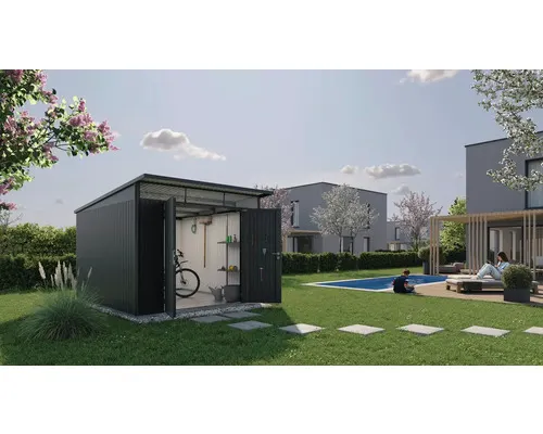 Plechový zahradní domek Biohort AvantGarde A8 dvoukřídlé dveře 254 x 334 cm tmavě šedý metalický