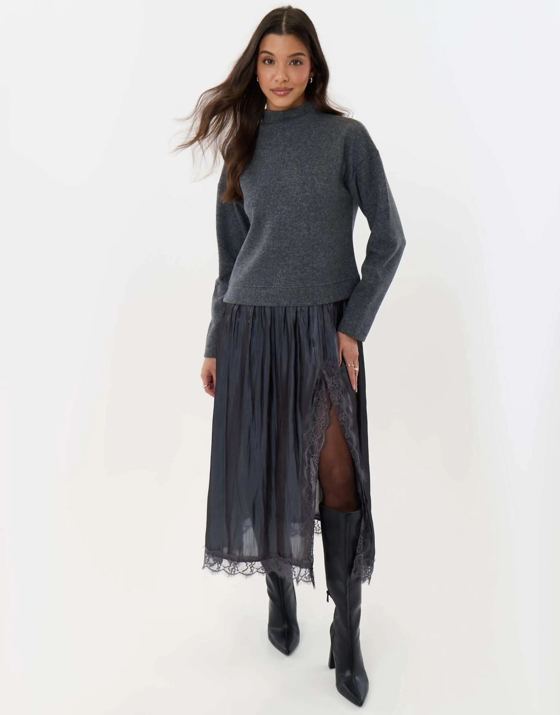 Threadbare Jumper dress with crinkle satin skirt in charcoal grey