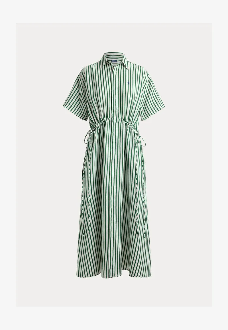STRIPED LINEN-COTTON DRAWCORD SHIRTDRESS - Skjortekjole - white/green