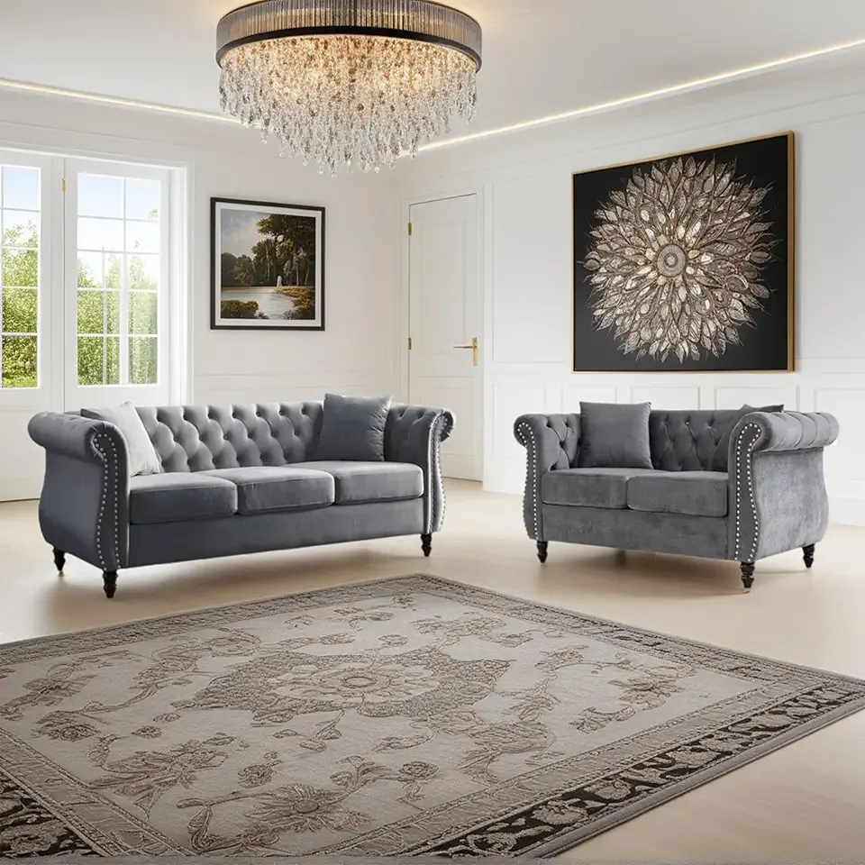 2 Piece Modern Grey Velvet 80" 3-Seater and 59" Loveseat Sofa Sets, Chesterfield Tufted Combination Couch with 4 Pillows, 8" Rolled Nailhead Arms