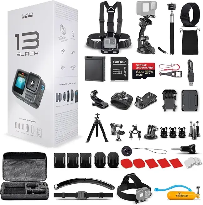HERO13 (Hero 13) Black - Waterproof Action Camera with 5.3K HDR Video, 27MP Photos, 1/1.9" Image Sensor, Live Streaming, Webcam, Stabilization + 64GB Card & 50 Piece Accessory Kit - Bundle
