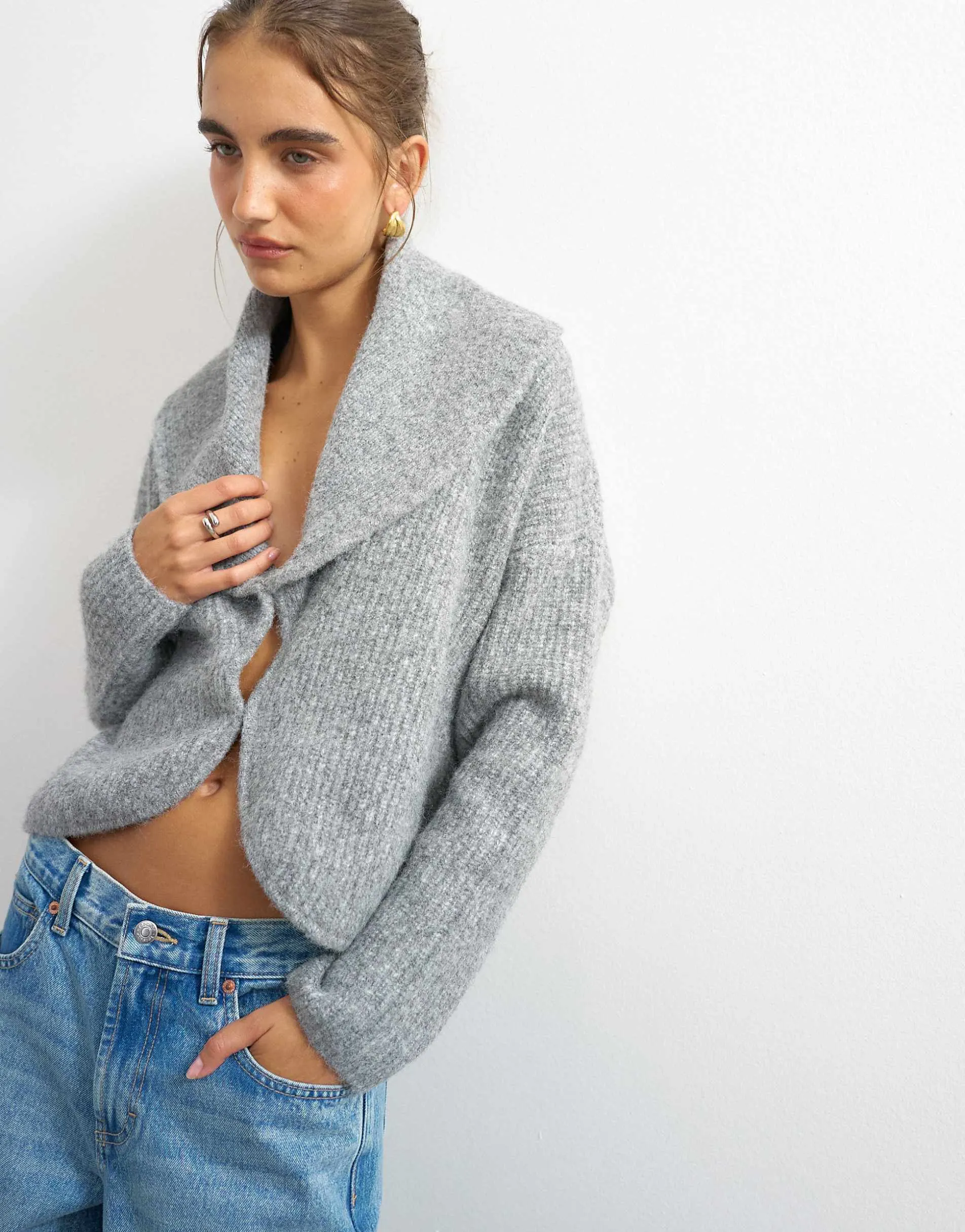 Topshop knitted shawl collared cardigan in smoke