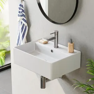 Lavabo de Cerámica Rectangular Pequeño para Invitados, Montaje en Pared, Blanco, 45 x 31 x 13 cm HOROW