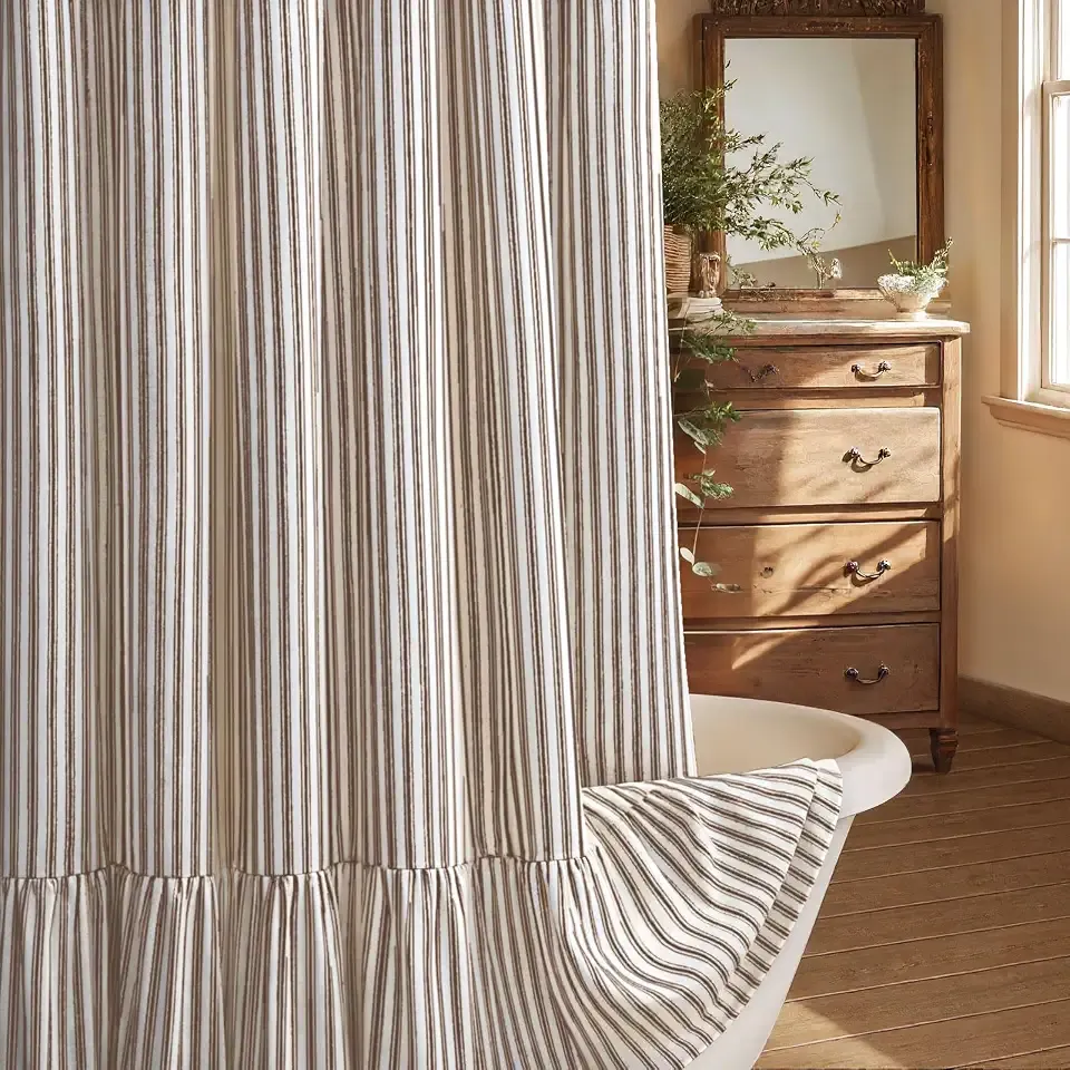 Farmhouse Shower Curtain with Ruffle Hem Linen Shower Curtains for Bathroom Country Vintage Rustic Natural Fabric, Cream-Brown Stripe 72" W x 84" L