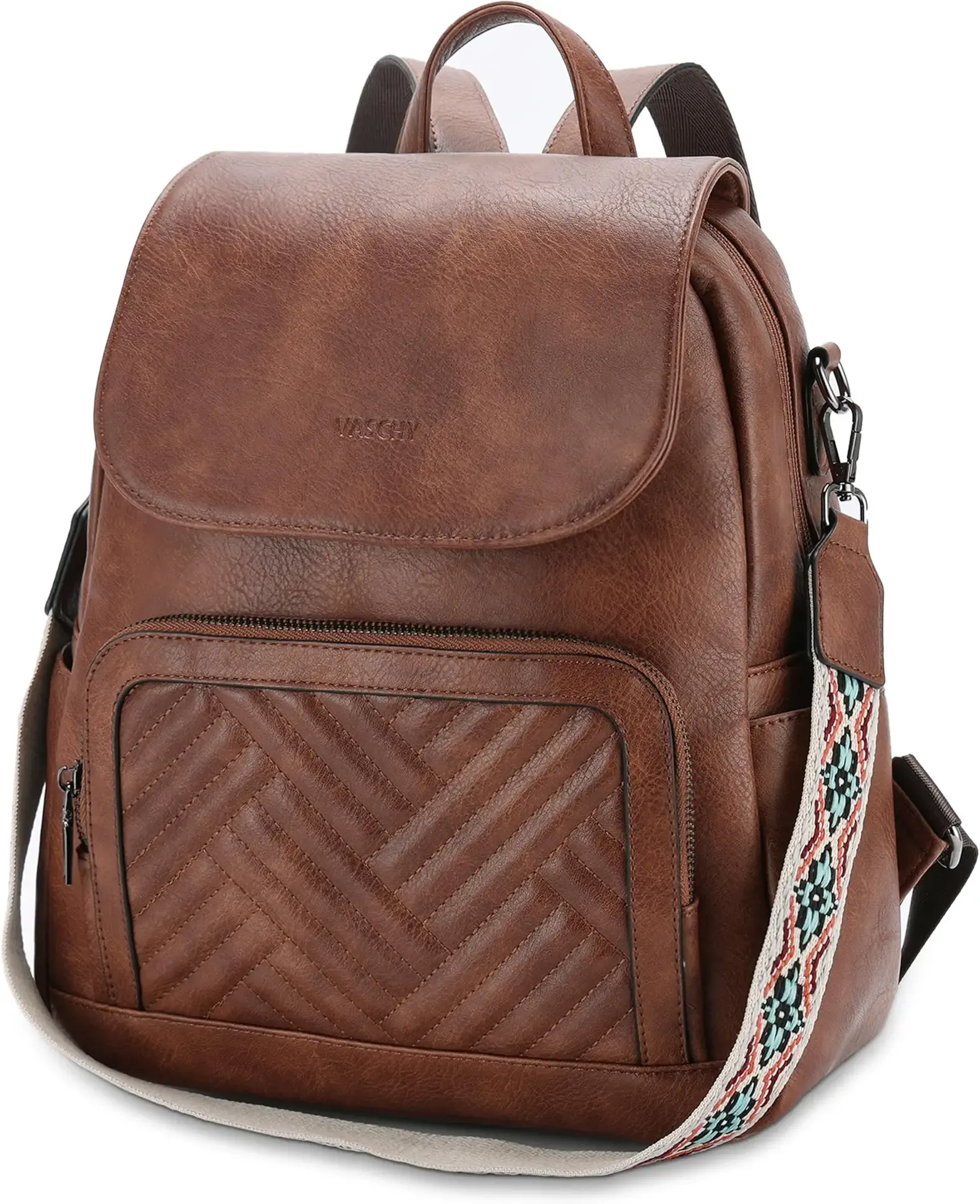 VASCHY Backpack Purse for Women, Chevron Quilted Vegen Leather Flap Backpack Convertible Handbag for Ladies with Guitar Strap Brown