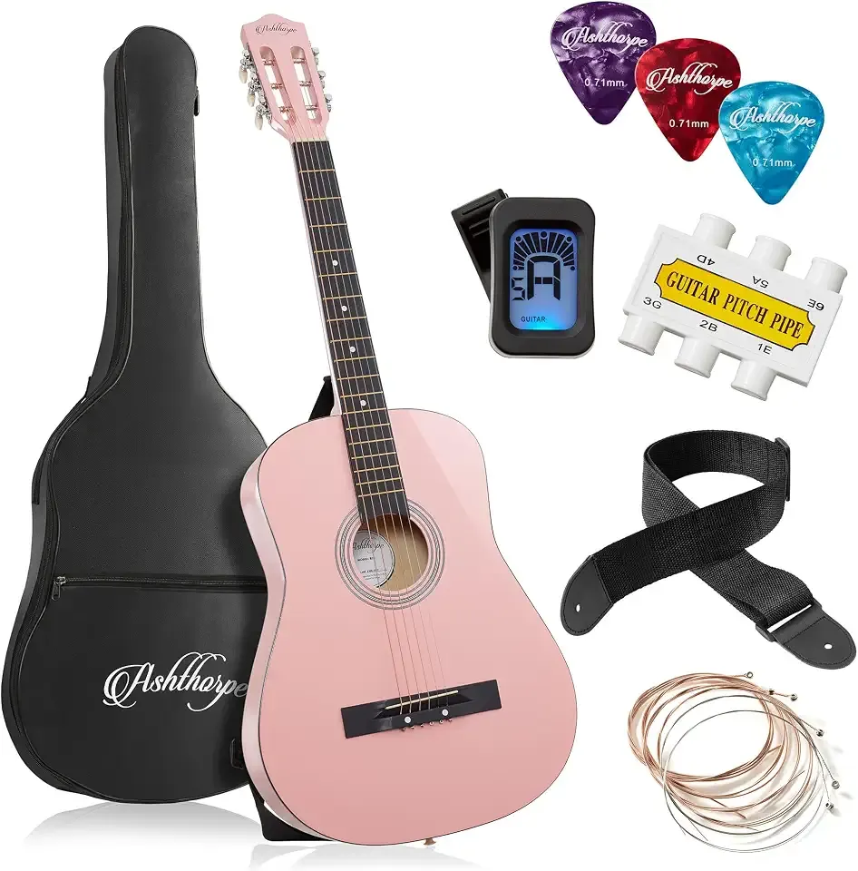 Ashthorpe 38-inch Beginner Acoustic Guitar (Pink), Starter Kit with Gig Bag, Extra Strings, Strap, Picks, and Lessons
