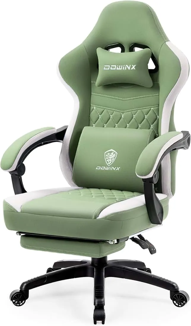 Dowinx Gaming Chair Breathable Fabric Game Chair with Gel Pad and Storage Bag, Comfortable Gamer Chair with Pocket Spring Cushion, Ergonomic Computer Chair with Footrest, Green