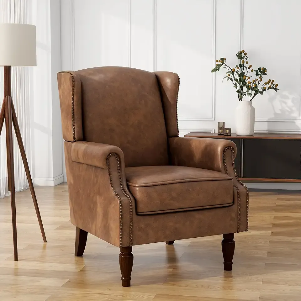 UIXE PU Leather High Back Accent Chair, Upholstered Armchair for Living Room, Retro Wingback Arm Chair Nailhead Trim Single Sofa Bedroom Reading Seat with Solid Wood Legs - Brown