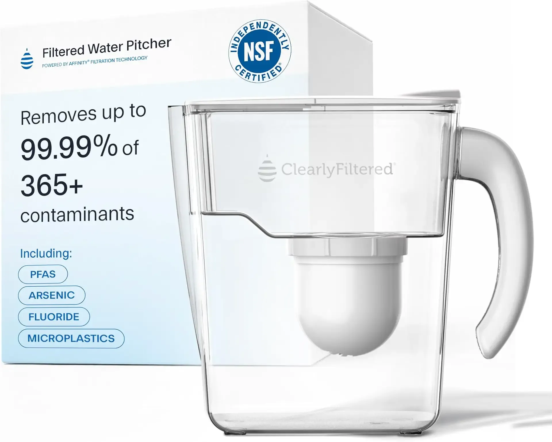 Clearly Filtered Filtered Water Pitcher - 80 Fl Oz, NSF Certified - Targets 365+ Contaminants - Fluoride, PFAS, Lead, Chlorine, Microplastics - BPA/BPS Free - 10 Cup Filter (Pitcher Includes 1 Filter)