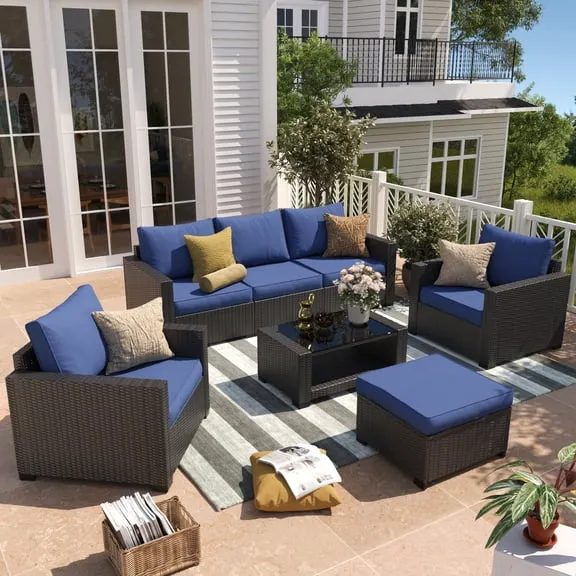 Clearance Gasee 7-Piece Patio Furniture Set,Outdoor Sectional Furniture, All-Weather PE Rattan Wicker Patio Conversation Set,Patio Sofa Set with Glass Table and Ottoman for Patio Garden Poolside,Blue $318.85 Was $799.99