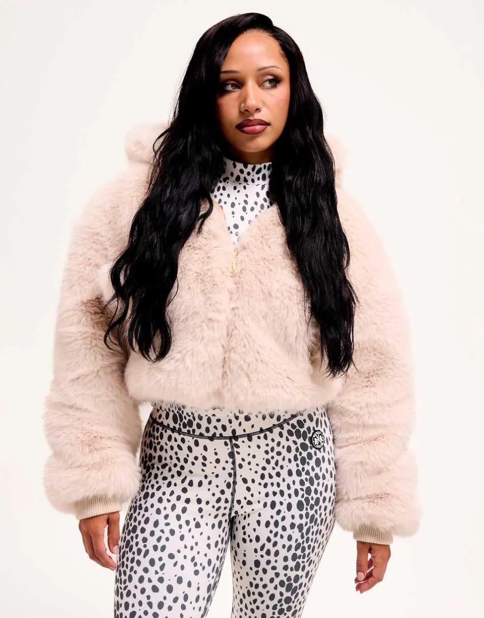 Juicy Couture zip through pom pom hooded fur jacket in white