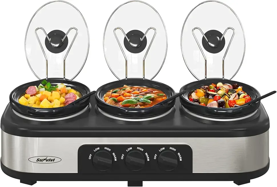 Sunvivi Triple Slow Cooker Buffet Server with 10 Cooking Liners, Adjustable Temperature Settings, for Parties, Holidays and Entertaining, Dishwasher Safe, 3 * 1.5 Quarts Silver
