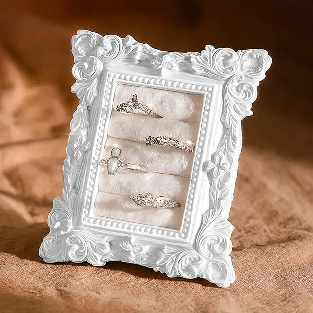 Liliaafar Vintage Ring Holder Rectangle White Ring Display Stand Frame Earring Display Tray Anniversary Engagement Baroque Wedding Jewelry Organizer Photograph Prop for Women Christmas Gift