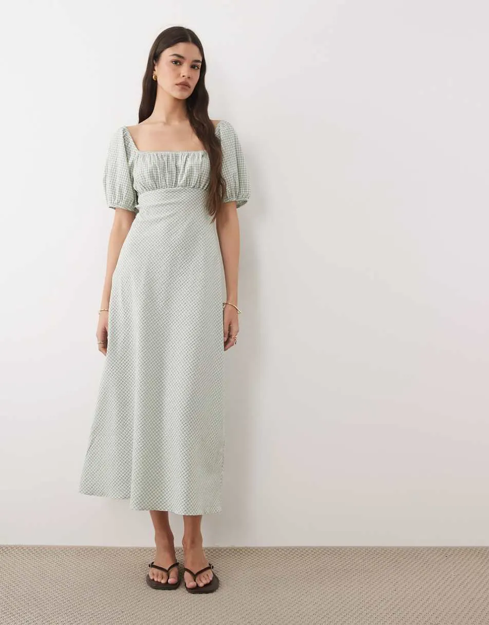 New Look gingham milkmaid midi dress in green