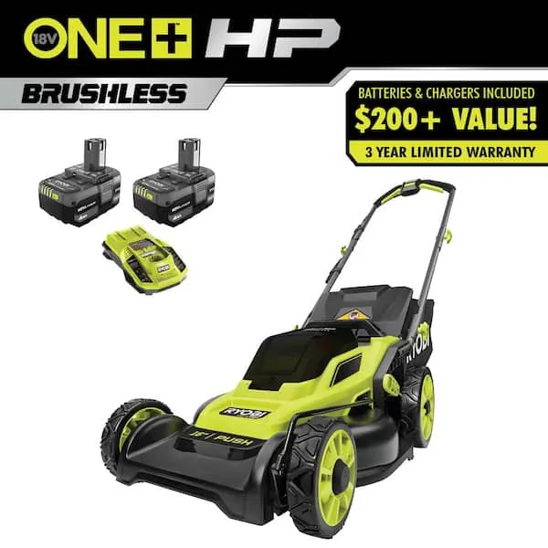RYOBI ONE+ HP 18V Brushless 16 in. Cordless Battery Walk Behind Push Lawn Mower with (2) 4.0 Ah Batteries and (1) Charger
