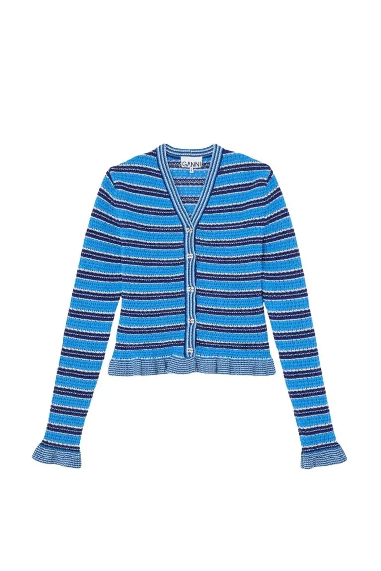 Cotton Pointelle Stripe Cardigan - Blå
