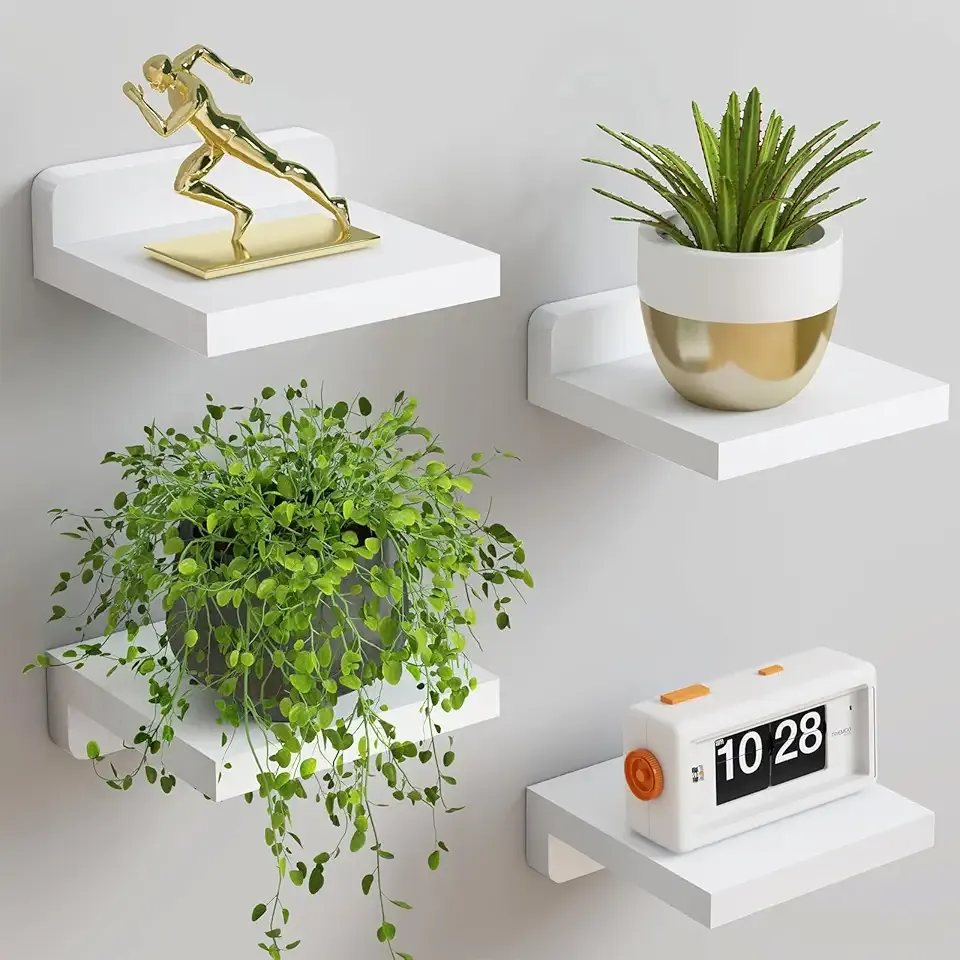 Floating Shelves for Wall, Rustic Wood Small Wall Mounted Shelves for Bedroom, Living Room, Kitchen, Bathroom Decor, Set of 4, 5 x 5 Inches (White)