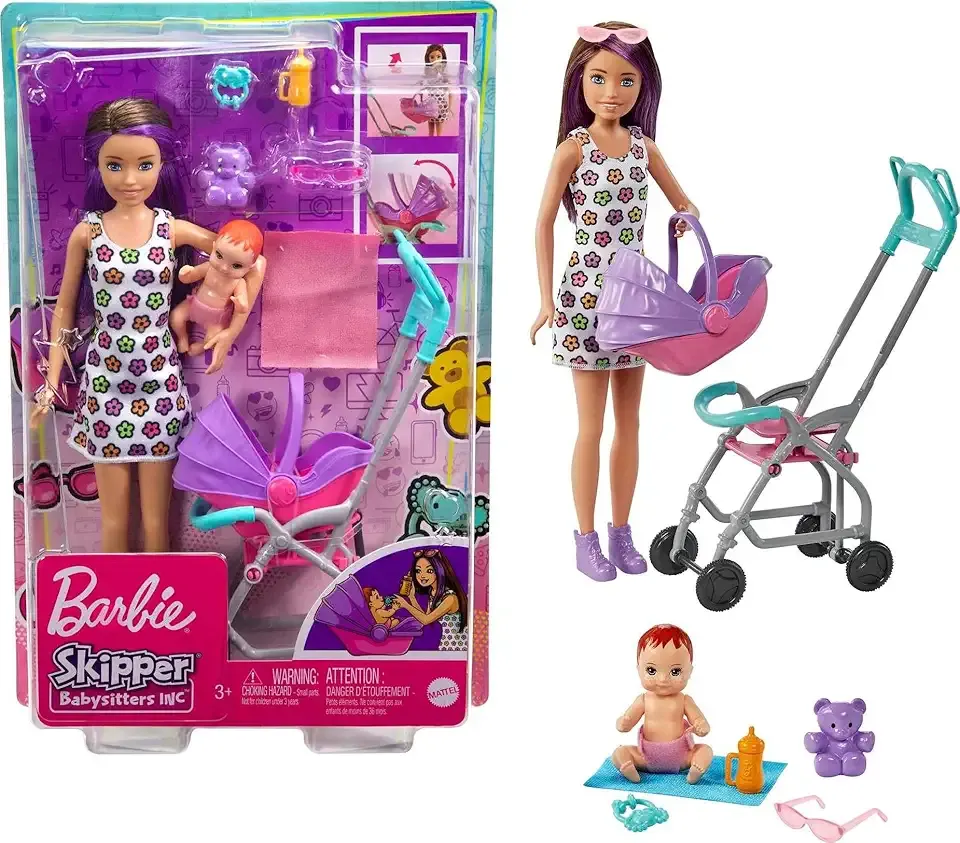 Skipper Babysitters, Inc. Playset with Skipper Babysitter Doll (Brunette), Stroller, Baby Doll & 5 Accessories, Toy for 3 Year Olds & Up