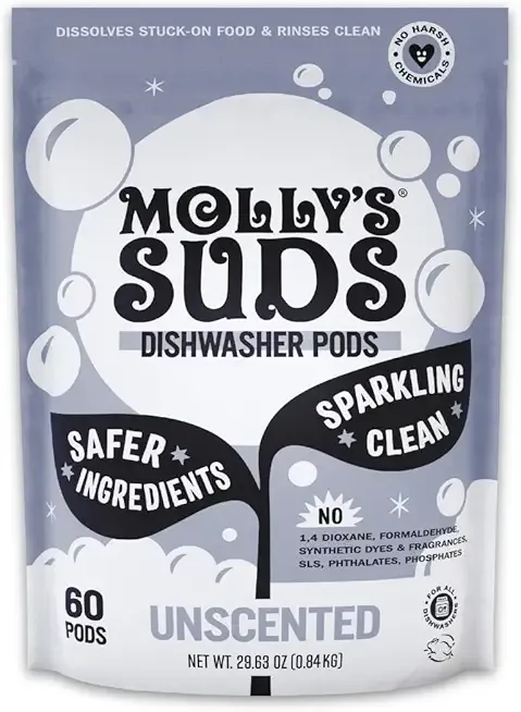 Molly's Suds Dishwasher Pods | Clean Dishwasher Detergent, Cuts Grease & Rinses Clean (Residue-Free) for Sparkling Dishes | 60 Auto-Release Tabs (Unscented)