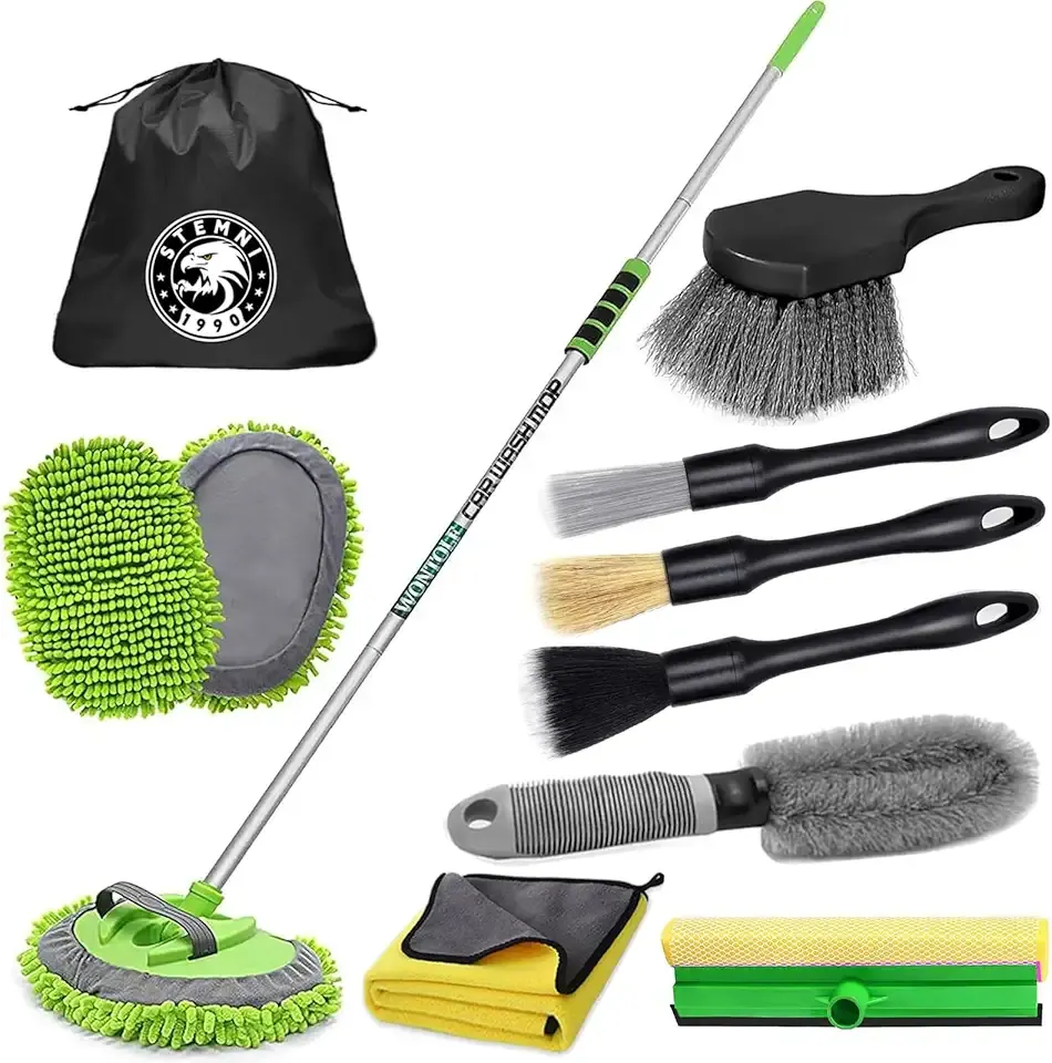 14Pcs Car Wash Kit, 62'' Car Wash Brush with Long Handle, Microfiber Scratch-Free Carwash Brush Mop Mitt Kit Car Car Washing Supplies Cleaning Kit for Cars RV SUV Truck Boat Green