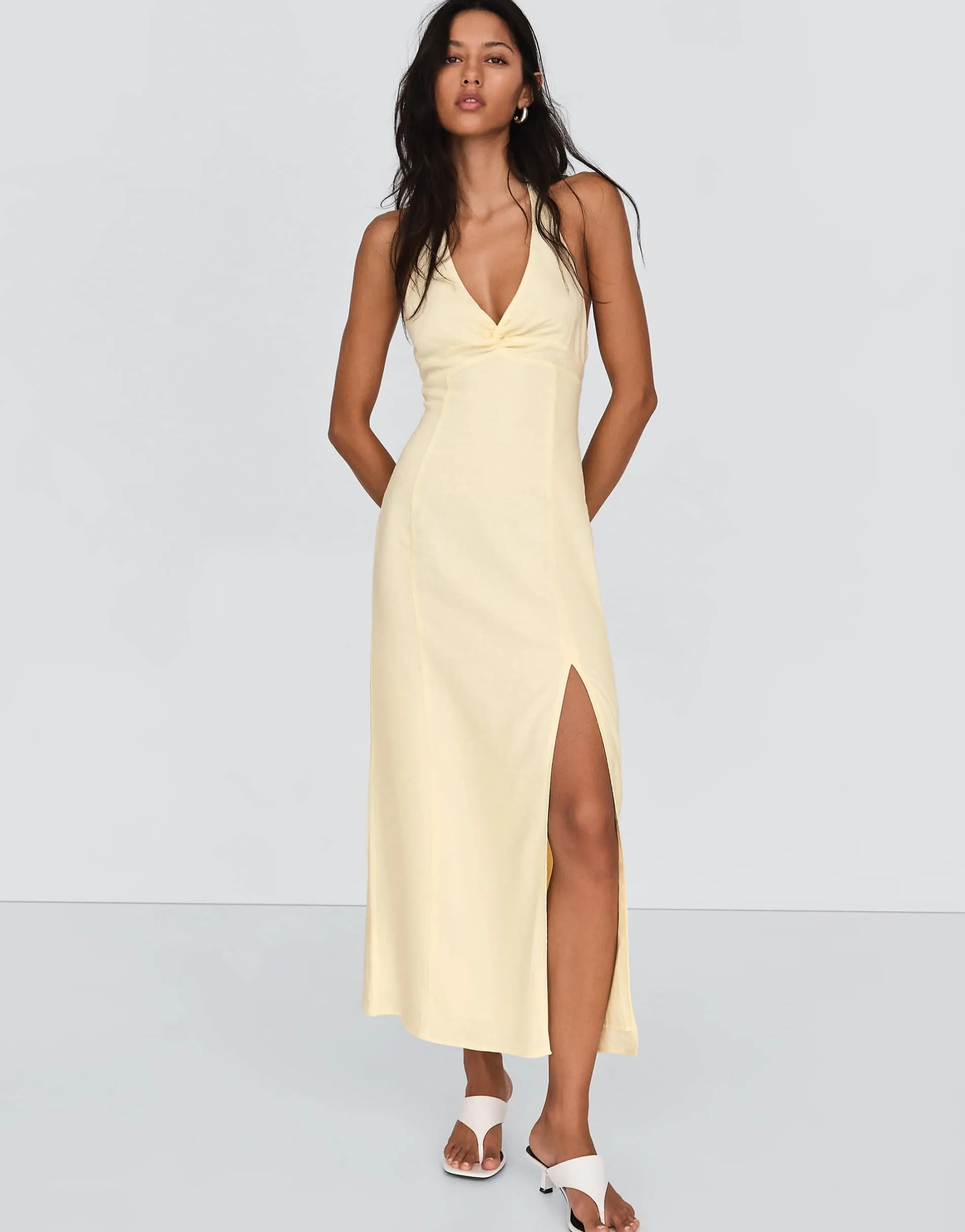 Bershka Halter midi dress with linen in yellow