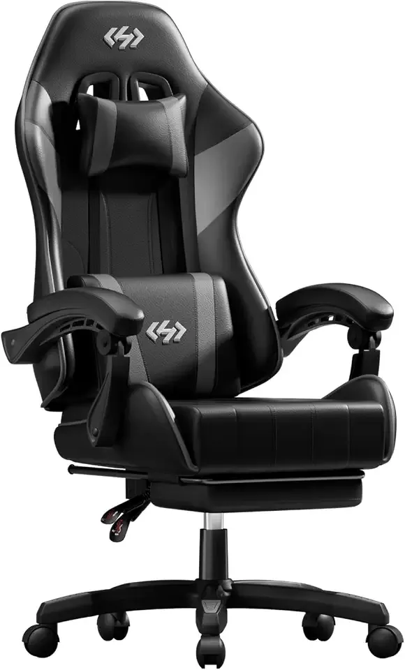 HLDIRECT Gaming Chair with Footrest, Lumbar Support & Headrest, Black&Grey | Ergonomic, 90°-135° recline, adjustable height & 360° swivel, PU leather and 45D foam, for adult gaming, work & relaxing