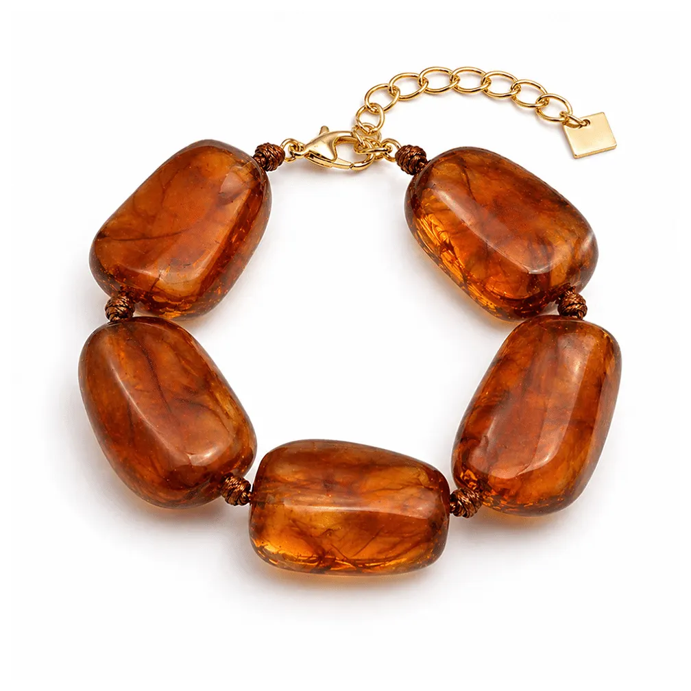 Armband in edelstaal, grote bruine kralen