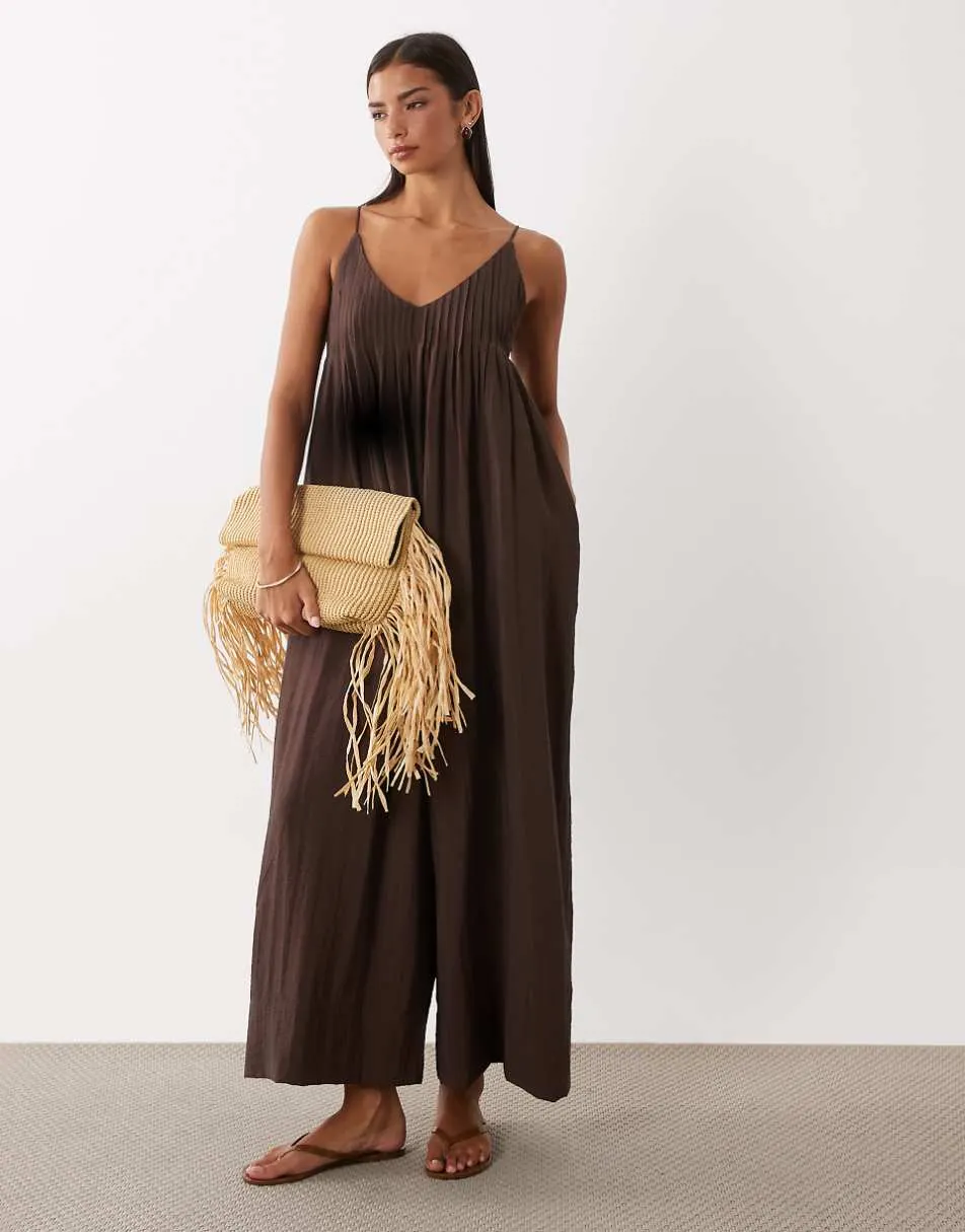 ASOS DESIGN wide leg jumpsuit with pintuck detail in chocolate