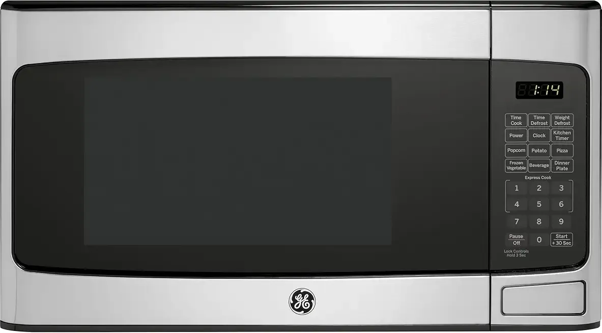 GE Countertop Microwave Oven, Compact 1.1 Cubic Ft., 950-watt Capacity, 6 Auto Cooking Settings, Child-Lock Technology, Kitchen Essentials for the Countertop, Dorm Room or Apartment, Stainless Steel