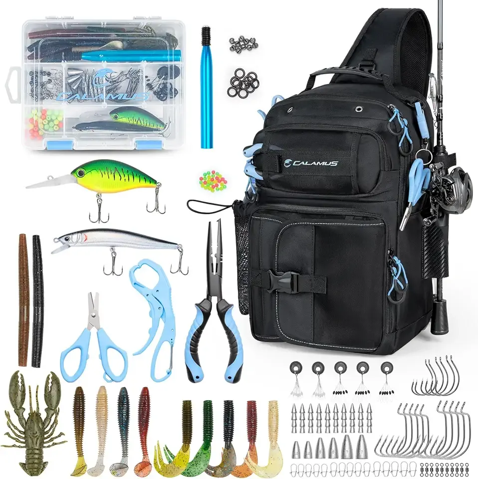 Calamus Catchpack Fishing Sling Tackle Bag & Tool Set, 3500 Tackle Box & Fishing Gear with Fishing lures, Fishing Pliers, Fishing Scissors, Lip Gripper, Wacky Tool