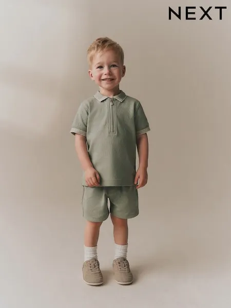 Sage Green Zip Neck Short Sleeve Polo Shirt And Shorts Set (3mths-7yrs)