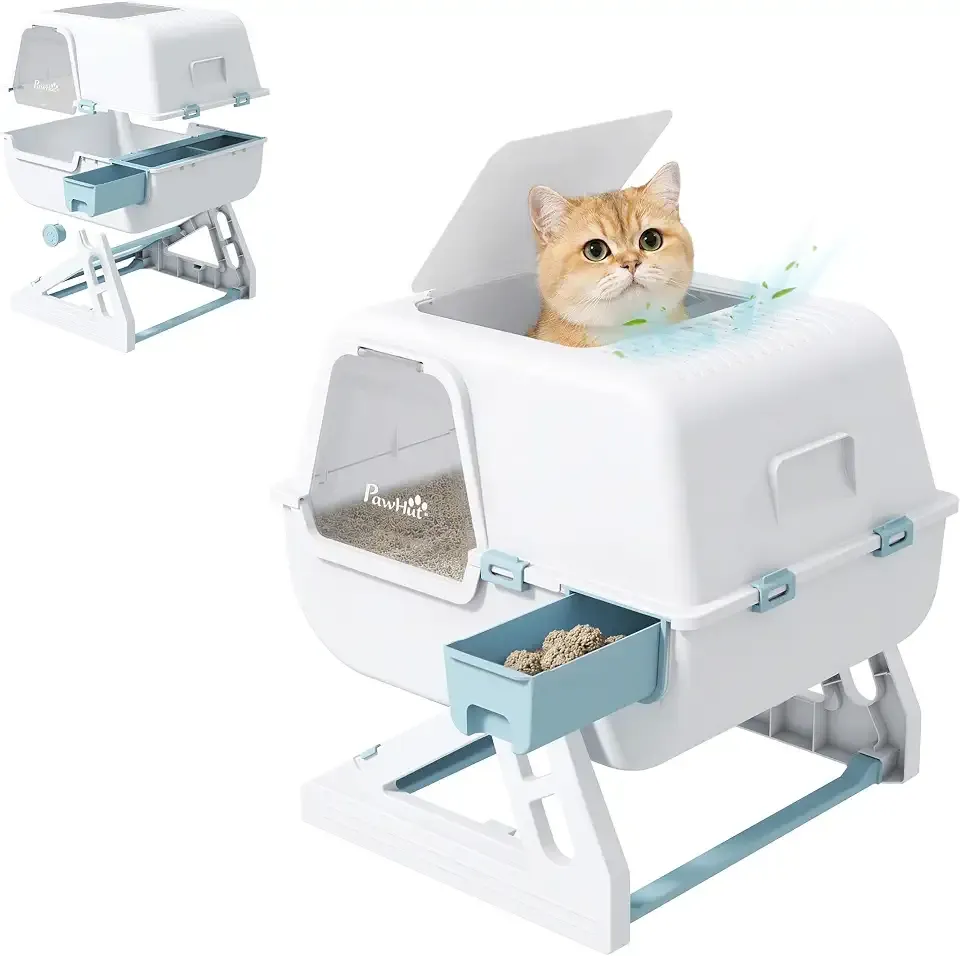 PawHut Semi-Automatic Quick Cleaning Cat Litter Box with Lid, Light Blue