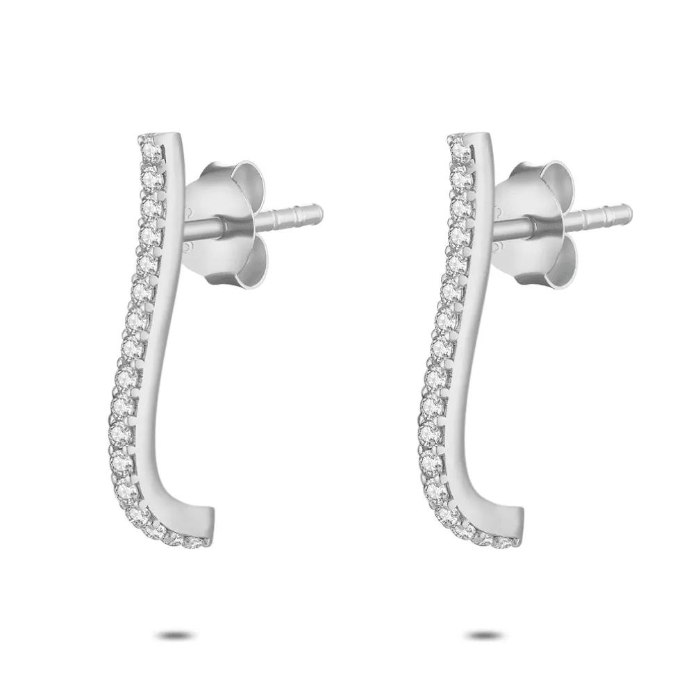 Oorbel in zilver, gebogen ontwerp met zirkonia