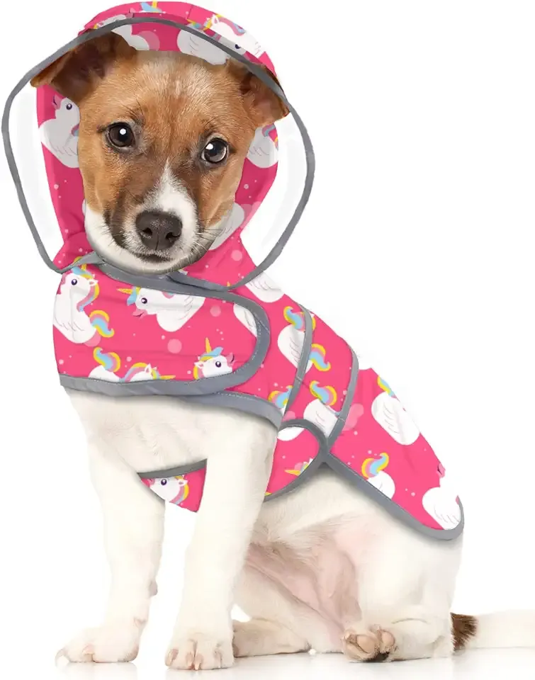 HDE Dog Raincoat with Clear Hood Rain Jacket Poncho for Small Medium Large Dogs Unicorn Ducks Pink - M