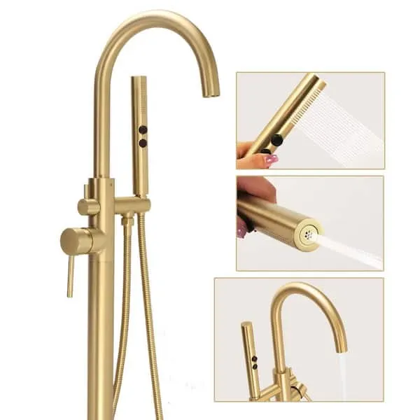 AZULBATH 2 Handle Floor Mounted Freestanding Tub Filler with Brass 2-Function Handshower in Brushed Gold