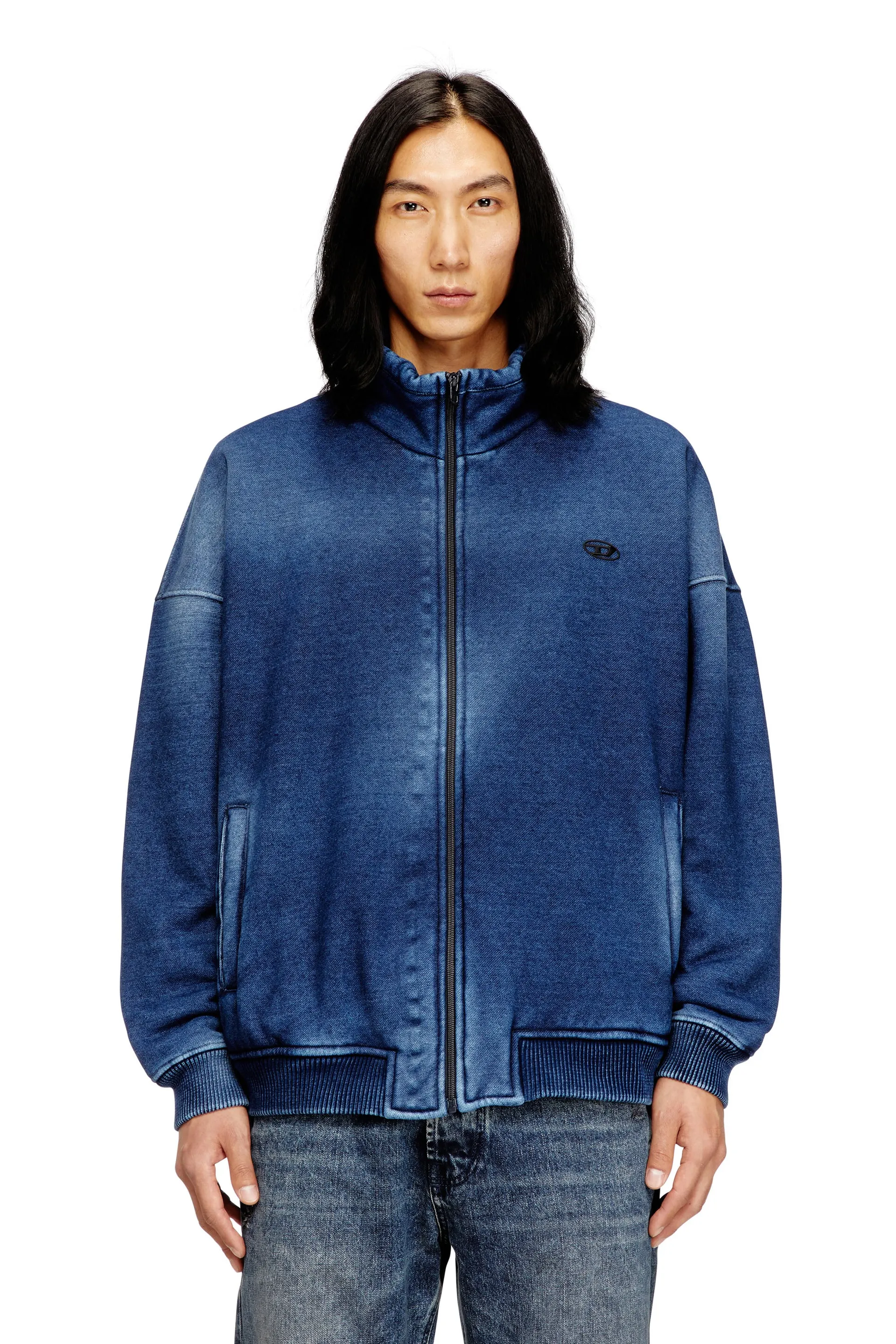 Teddy-lined zip jacket with denim effect