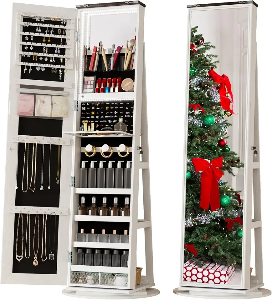 LVSOMT LED Mirror Jewelry Cabinet Standing, 360° Swivel Jewelry Organizers and Storage, Farmhouse Mirror with Jewelry Storage, Lighted Jewelry Armoire with Full Length Mirror (White Wood)
