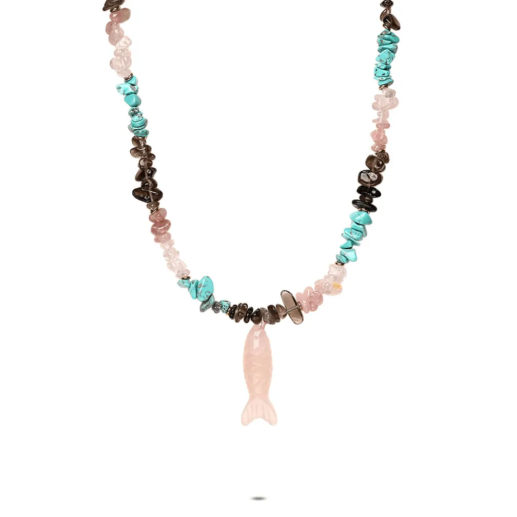 Halsketting in edelstaal, verschillende stenen en vis