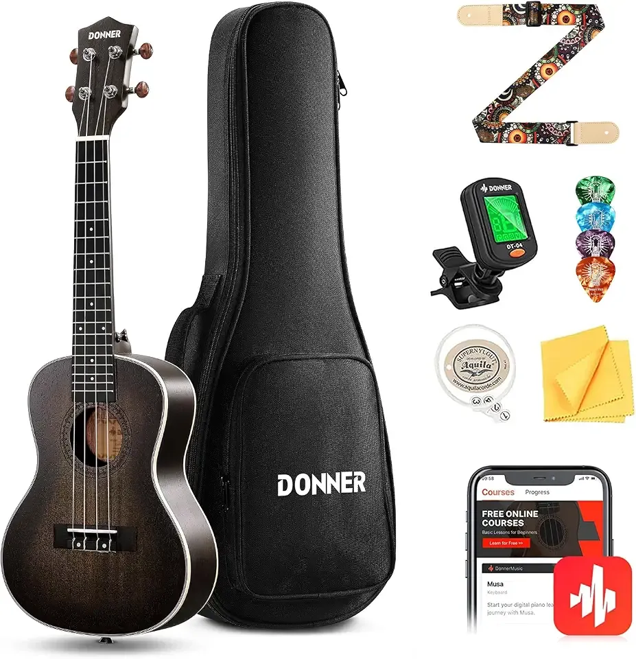 Donner Concert Ukulele Professional 23 Inch Mahogany Ukelele for Adult Beginner Ukele Bundle with Online Lesson Gig Bag Aquila String Pick Tuner Strap Cloth DUC-200D Dark