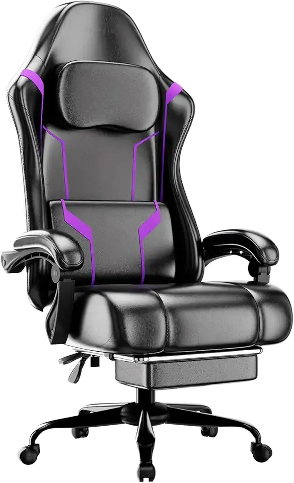 Ergonomic Gaming Chair, Video Game Chair with Pocket Spring Cushion and Footrest, Height Adjustable Computer Chair with Swivel Seat and Headrest (Purple)