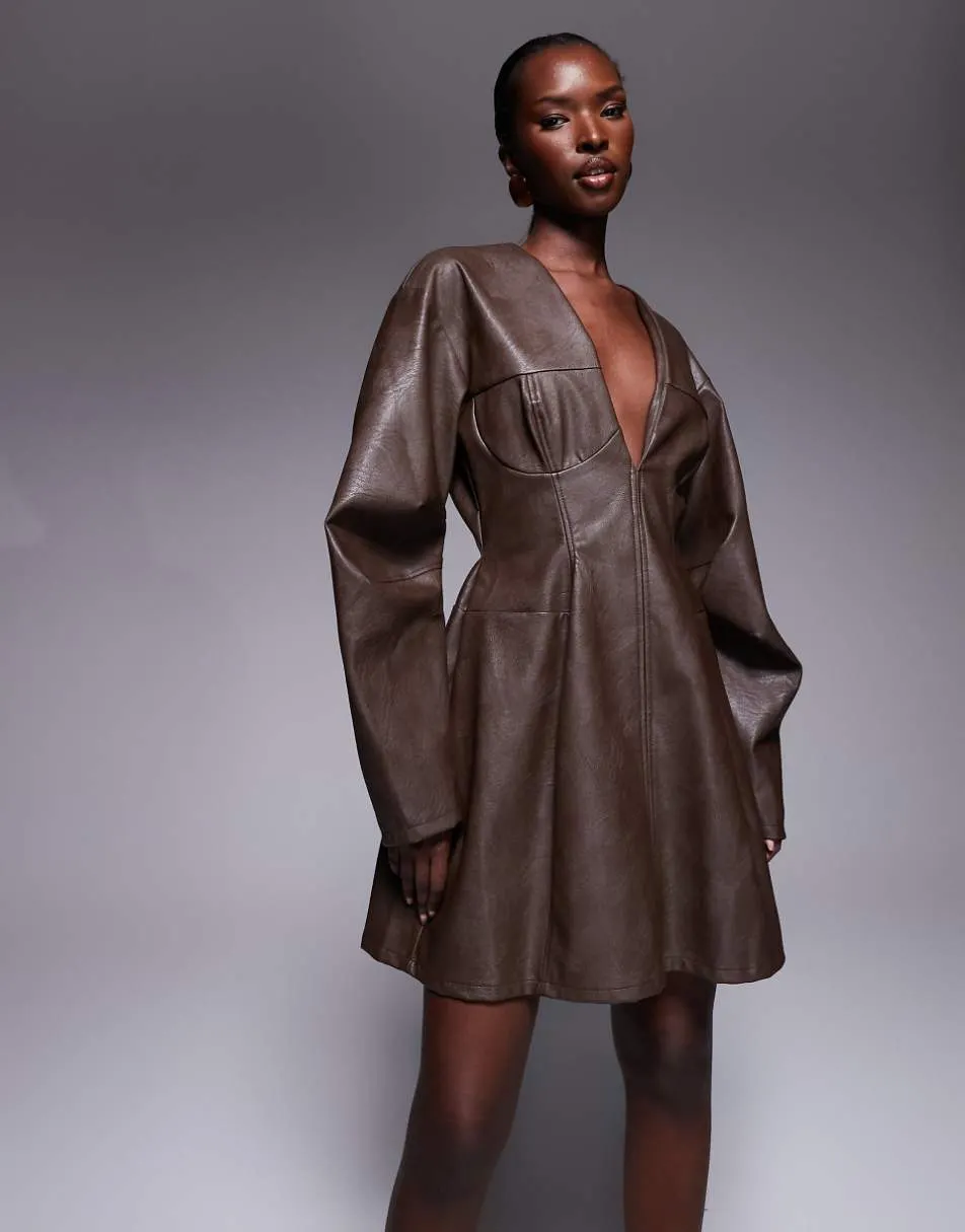 ASOS DESIGN structured pu cocoon sleeve seam detail mini dress in chocolate