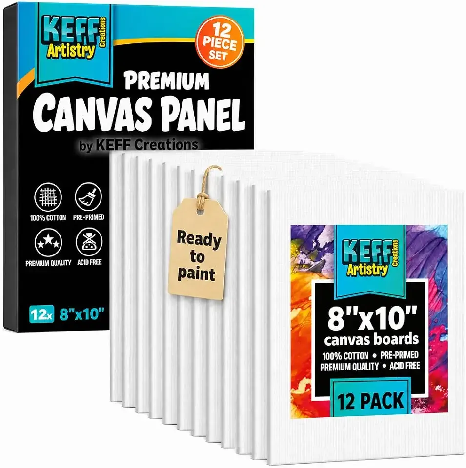 KEFF Canvas for Painting - 12-Pack 8x10 Canvas Value Pack - 100% Cotton Triple Primed Small Canvases for Painting. Mini Canvases Bulk Set for Acrylic, Oil, Watercolor&Tempera - Art Supplies for Adults